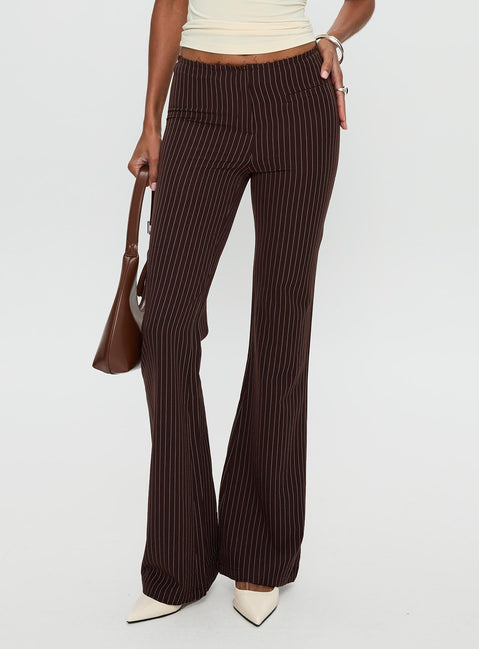 front view of model wearing Princess Polly Sportia Flare Pants Brown High Waisted Pants 