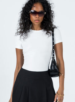 Front view of model wearing  front Princess Polly Short Sleeves Square Neck  Lowell Top White