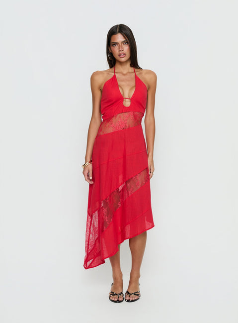 Down With Love Asymmetrical Midi Dress Red