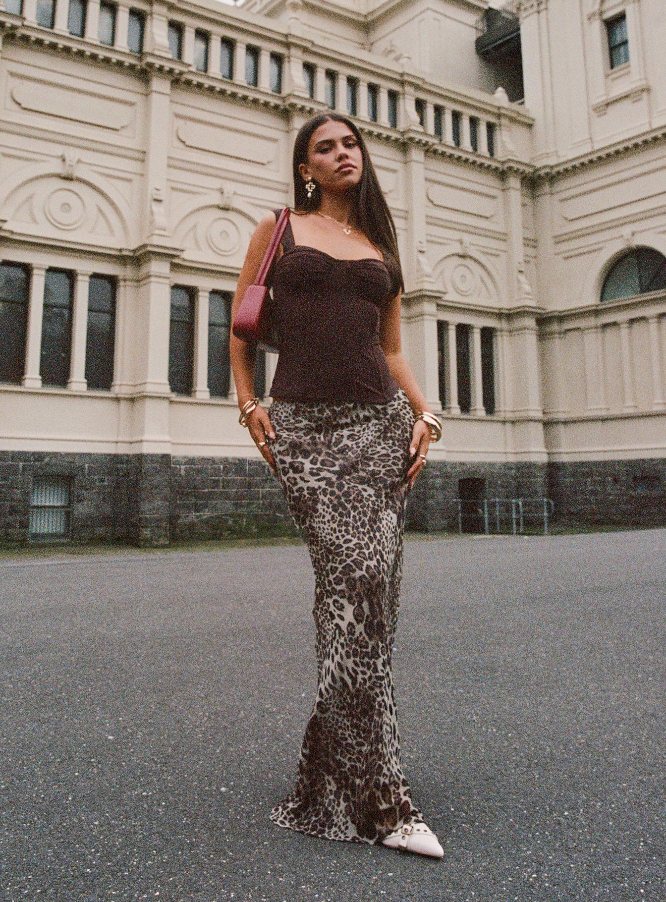   front view of model wearing Princess Polly Manda Maxi Skirt Leopard Maxi 