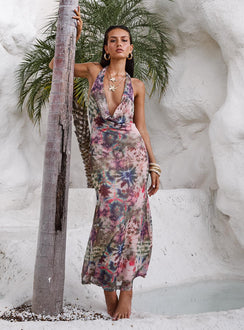 side view of model wearing Princess Polly Cassiday Halter Maxi Dress Multi Plunger 