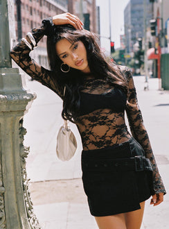 front view of model wearing Princess Polly Feelix Long Sleeve Lace Bodysuit Black Long Sleeve Tops 