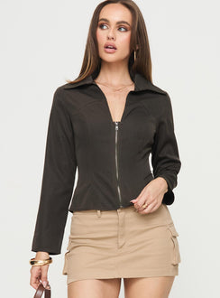 Long sleeve top  Zip fastening at front, low neckline, classic collar Non stretch, unlined