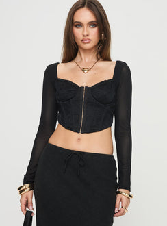 Long sleeve top Sweetheart neckline, corset style, underwire with soft cups at bust, hook & eye fastening, lace detail, mesh sleeves Good stretch, fully lined, sheer sleeves