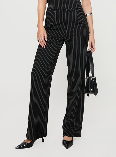 Pinstriped pants High rise fit, button & clasp fastening, twin hip pockets Non-stretch material, unlined 