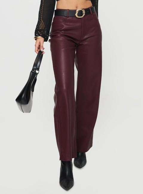 back view of model wearing Princess Polly Dempsey Faux Leather Pants Deep Cherry High Waisted Pants 