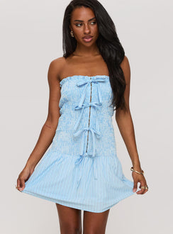 Think And Smile Strapless Tie Detail Playsuit Blue Stripe