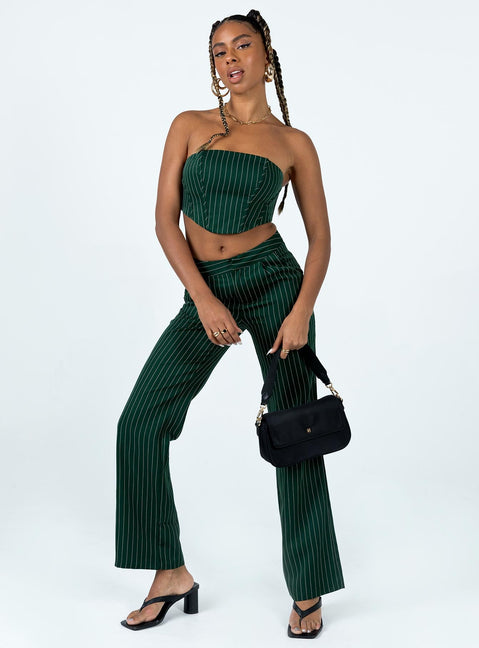 Matching set Pinstripe design Crop top Inner silicone strip Boning throughout Zip fastening at back Straight leg pants Clasp & zip fastening at front Twin hip pockets