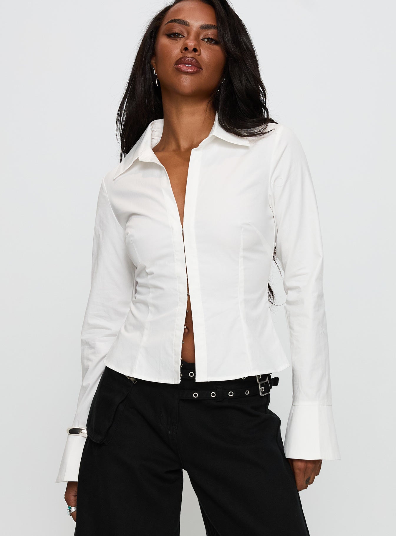 By The Phone Long Sleeve Collared Top White