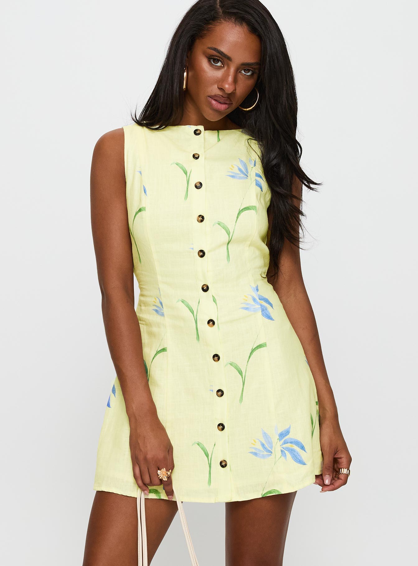 Dollie Linen Mini Dress Yellow Floral
