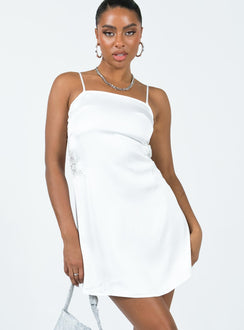 Front view of model wearing  front Princess Polly Asymmetric Neckline  Orsette Mini Dress White