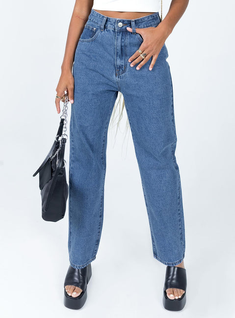 front view of model wearing Princess Polly Palais Mom Jeans Mid Wash Denim High Waisted 