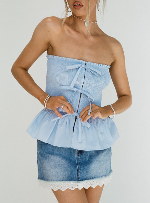 front view of model wearing Princess Polly Jaymie Strapless Bow Top Blue Sleeveless straight 