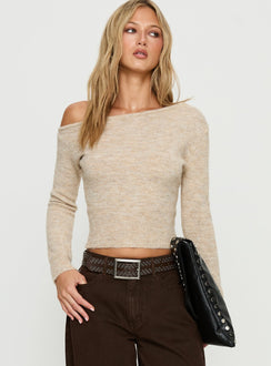 Selbey Fluffy Cinched Waist Off Shoulder Top Cream Marle