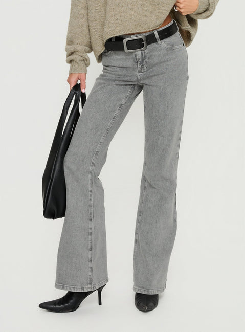 back view of model wearing Princess Polly Magic Mirror Mid Rise Bootleg Jeans Washed Grey Mid Rise Jeans 