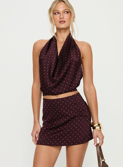   front view of model wearing Princess Polly Keiana Mini Skirt Burgundy / Pink Polka Mini Skirts 