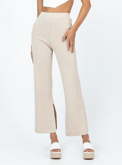 Front view of model wearing  front Princess Polly High Waisted Pants High Waisted Pants  Allen Ribbed Pants Cream