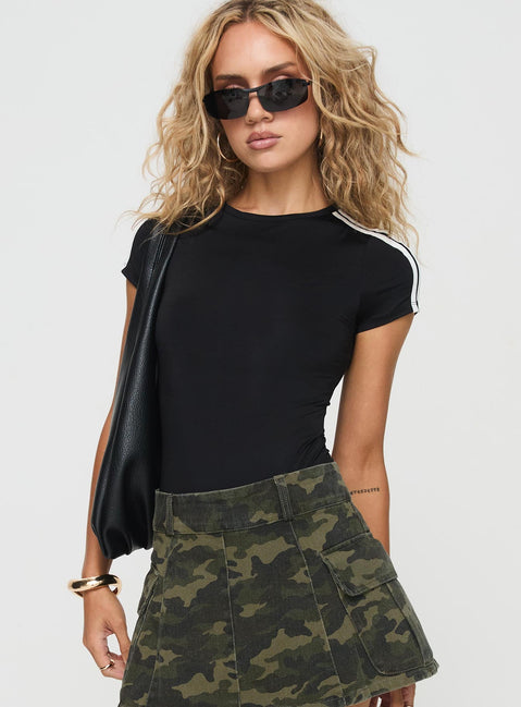 front view of model wearing Princess Polly Edensi Bodysuit Black Short Sleeves Boat Neck 