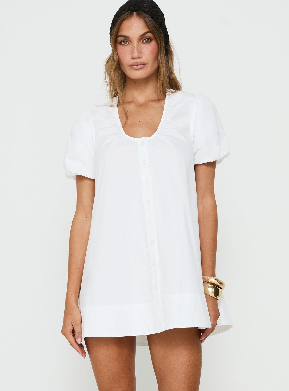 Everston Babydoll Short Sleeve Mini Dress White