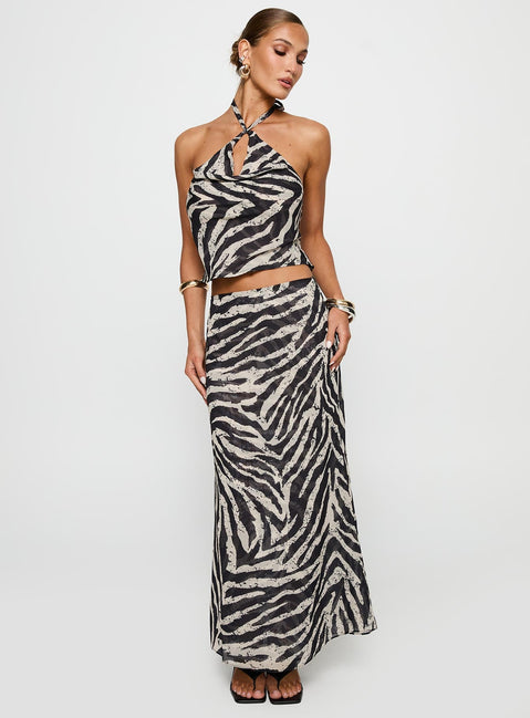   front view of model wearing Princess Polly Eleganza Maxi Skirt Zebra Maxi 