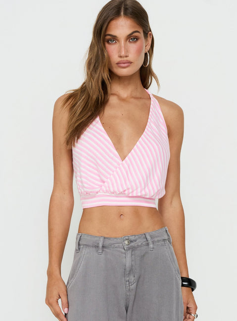 Priella Plunge Halter Top Pink Stripe