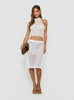 Velani Sheer Floral Detail Midi Skirt White
