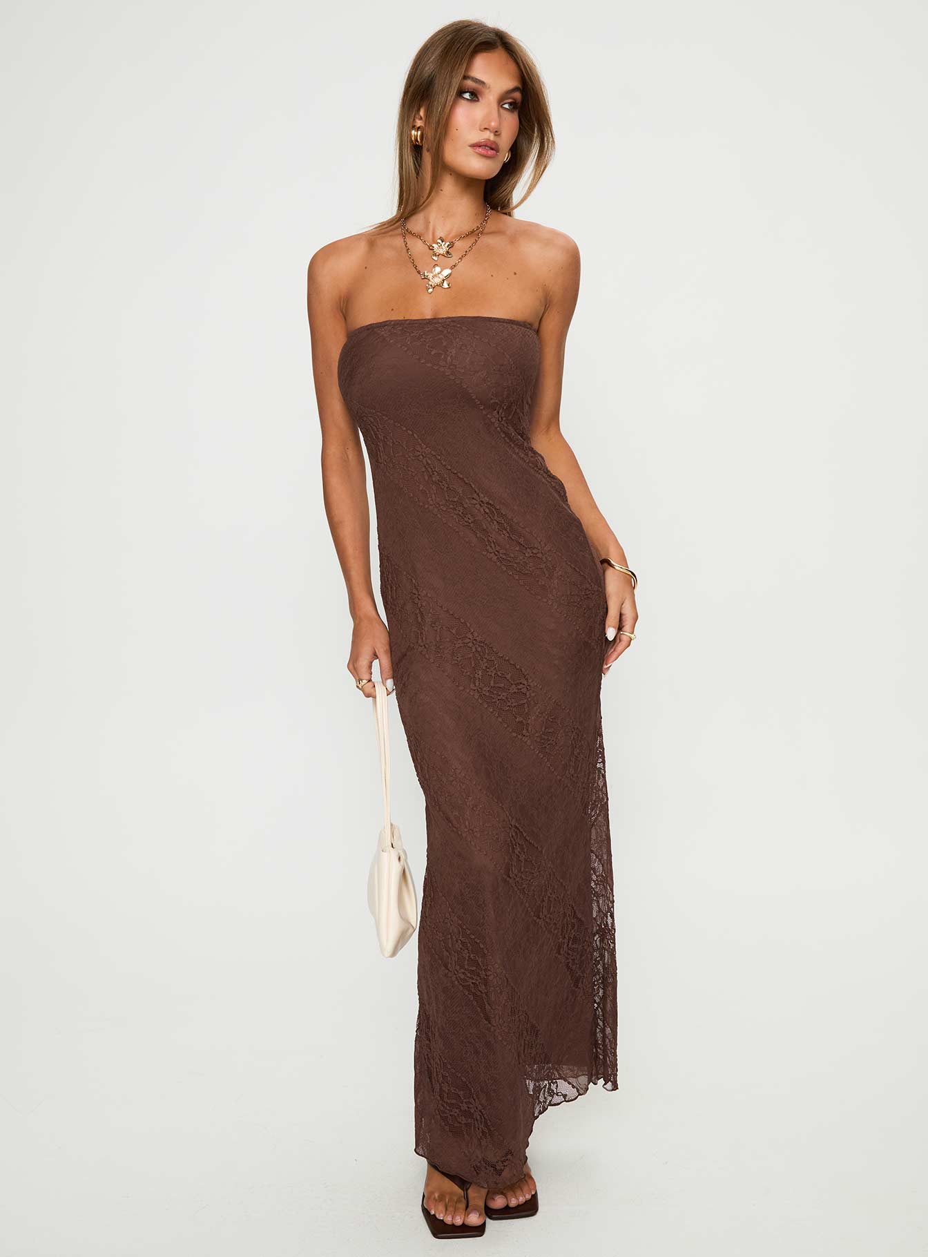 front view of model wearing Princess Polly Majorca Strapless Maxi Dress Chocolate Straight Neck 