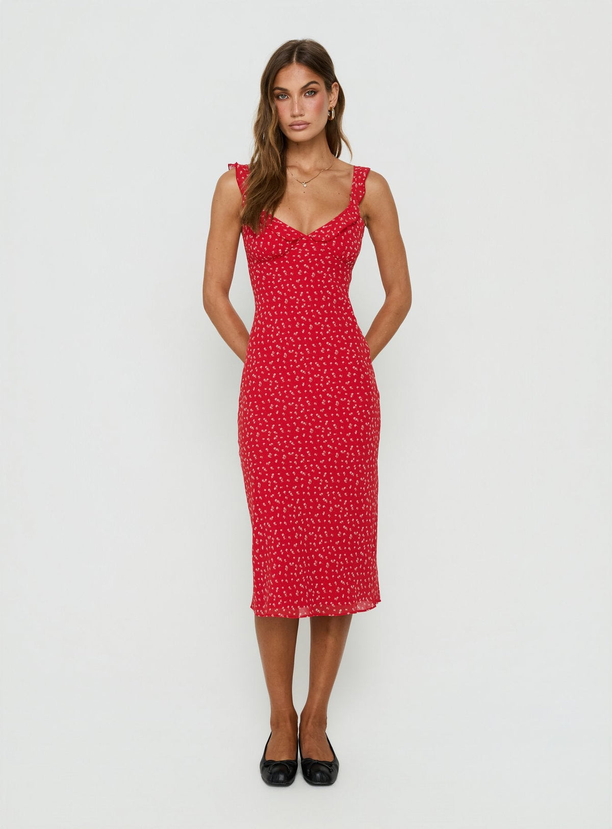 Lozie Frill V Neck Midi Dress Red Floral