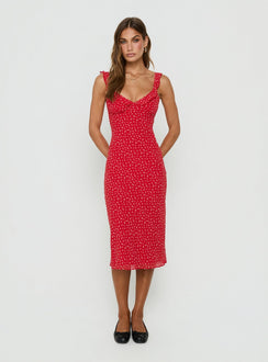 Lozie Frill V Neck Midi Dress Red Floral