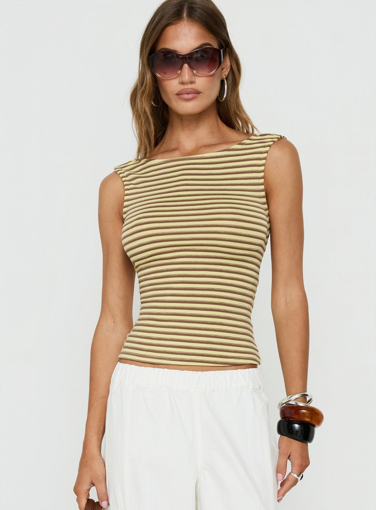 Mirenza Low Back Sleeveless Top Yellow Stripe