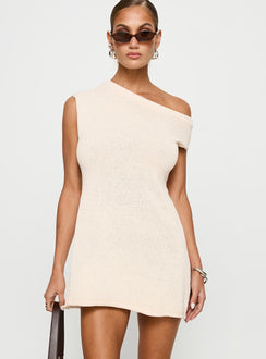 front view of model wearing Princess Polly Liberation Off The Shoulder Mini Dress White Asymmetric Neckline 