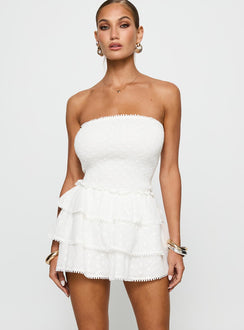 front view of model wearing Princess Polly Sunkiss Frill Mini Dress White / Broderie Straight Neck 