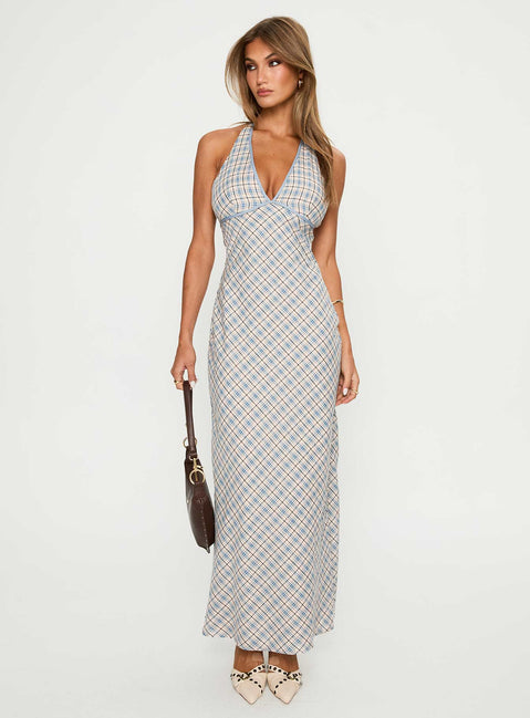 front view of model wearing Princess Polly Evienna Halter Maxi Dress Blue Check Plunger 
