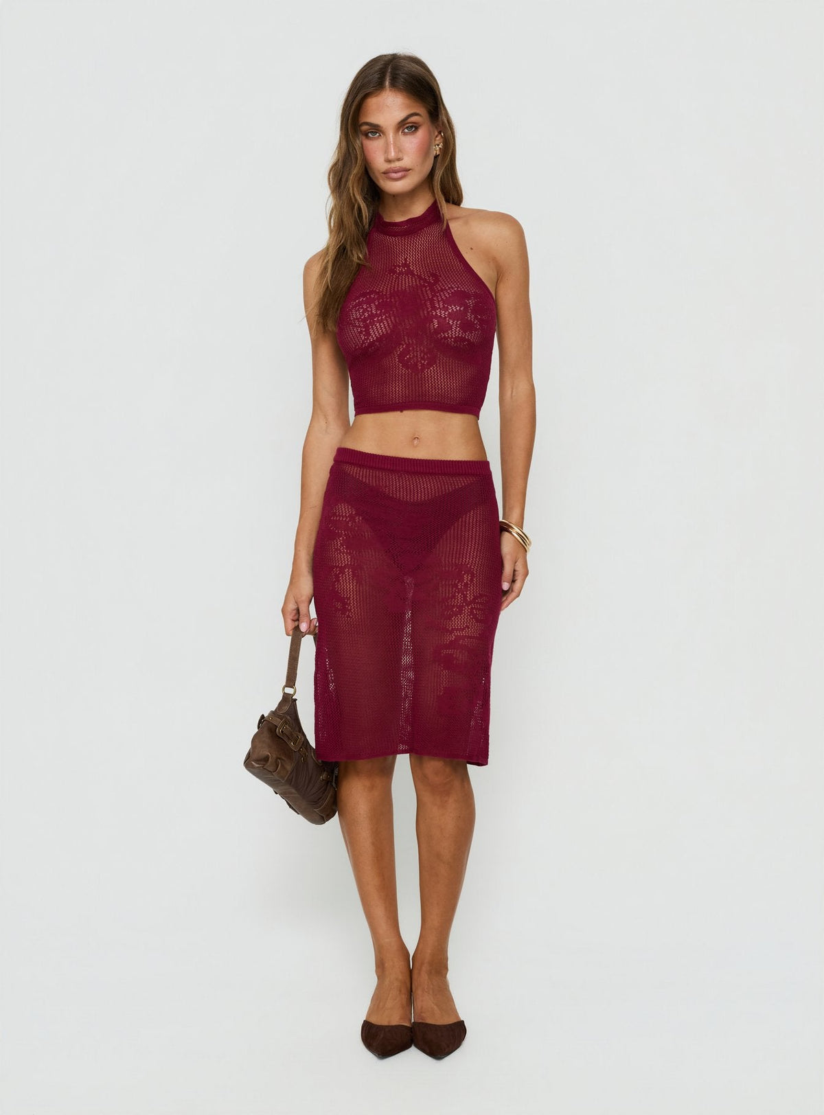 Velani Sheer Floral Detail Midi Skirt Wine