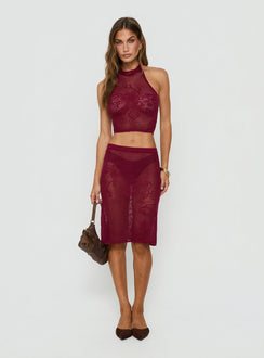 Velani Sheer Floral Detail Midi Skirt Wine