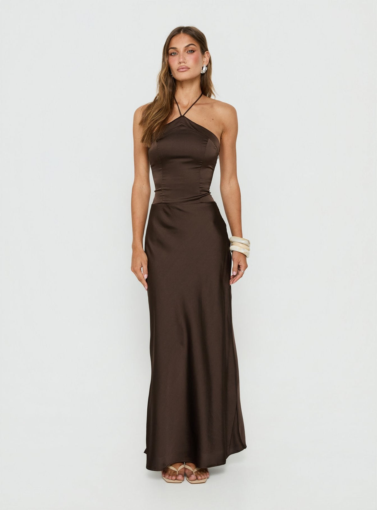 Carsonn Arrowneck Satin Maxi Dress Chocolate