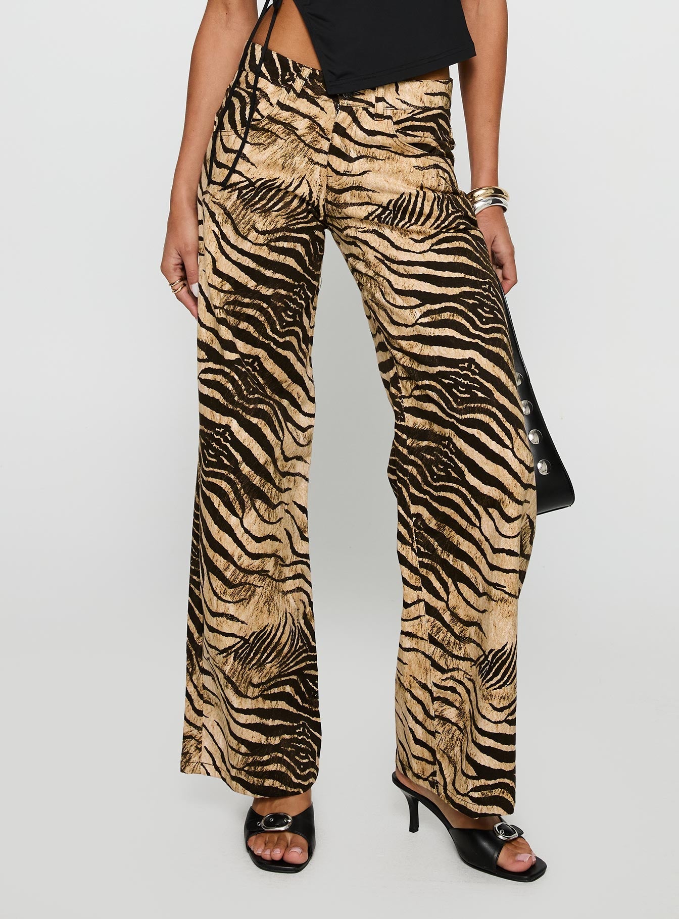 front view of model wearing Princess Polly Low Rise Roomy Pants Multi Low Rise Pants 