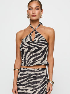 front view of model wearing Princess Polly Eleganza Top Zebra Sleeveless Cowl 