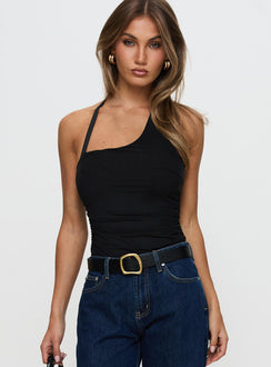side view of model wearing Princess Polly Siennah Bodysuit Black Sleeveless Bodysuit 