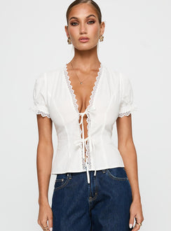 Abundance Tie Up Lace Trim Top White