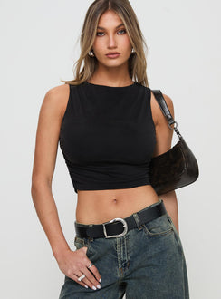 front view of model wearing Princess Polly Hold Em High Neck Top Black Sleeveless High Neck 