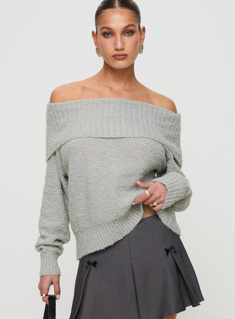 front view of model wearing Princess Polly Parkley Boucle Off The Shoulder Sweater Grey Marle 