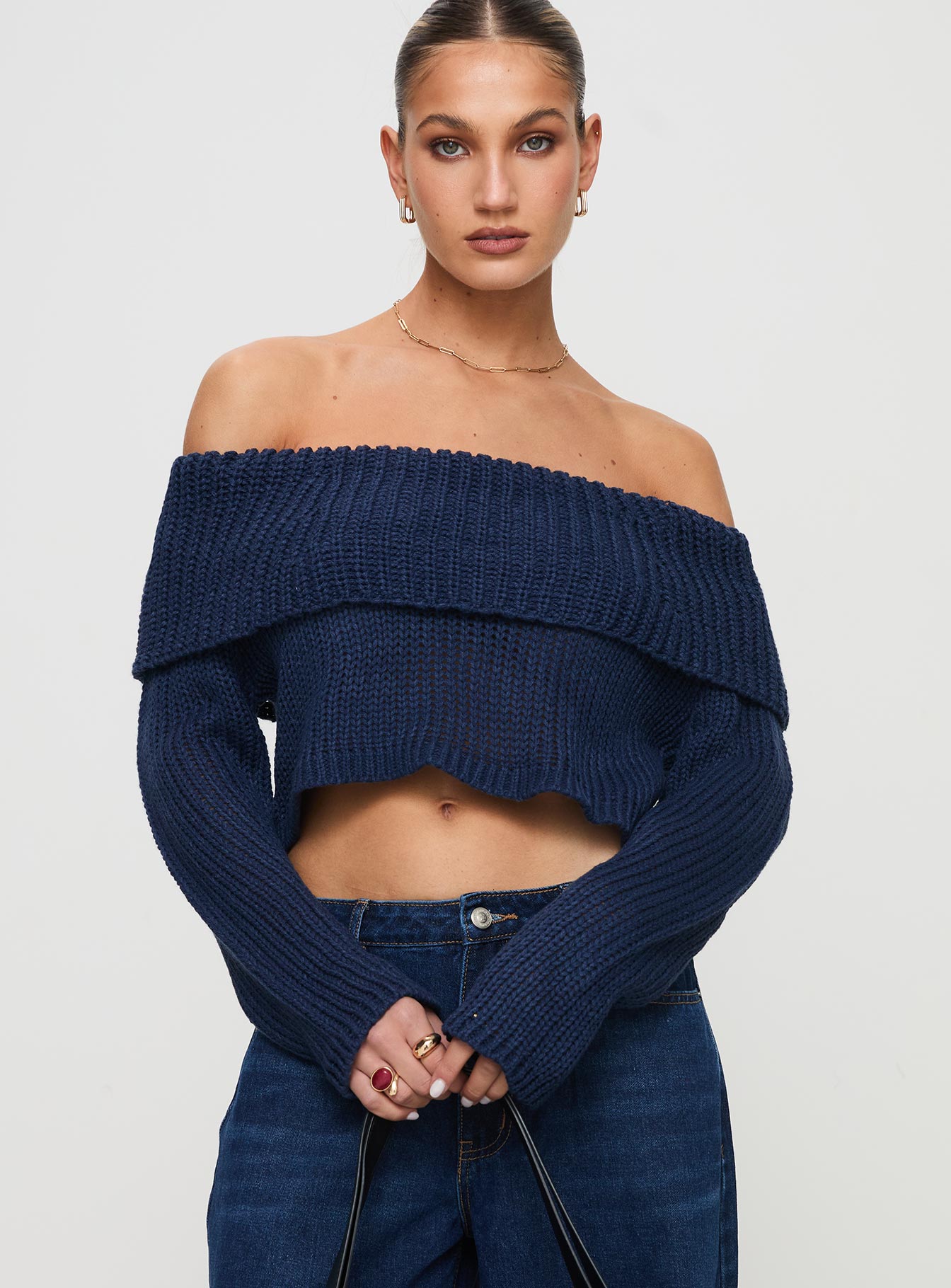 Milky Way Off Shoulder Knit Sweater Blue
