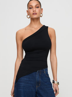 front view of model wearing Princess Polly Lunah One Shoulder Top Black Sleeveless Asymmetric Neckline 