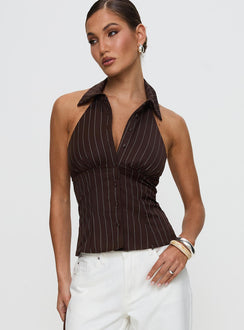 front view of model wearing Princess Polly Victorie Halter Top Chocolate Stripe Sleeveless Plunger 