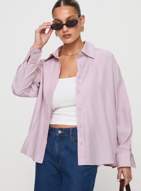 front view of model wearing Princess Polly Wild Promise Top Pink Stripe Full Sleeves V-Neck 