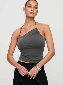 front view of model wearing Princess Polly Catalyst Asymmetrical Top Slate Sleeveless Asymmetric Neckline 