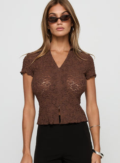 front view of model wearing Princess Polly Best Shot Collared Top Brown Short Sleeves V-Neck 