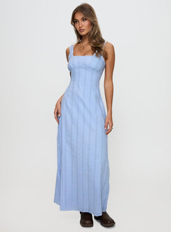 side view of model wearing Princess Polly Dasha Maxi Dress Blue Square Neck 