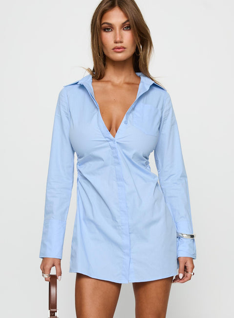 Cesarina Ruched Shirt Mini Dress Blue